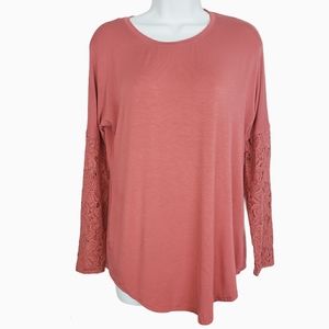 Anthropologie bordeaux coral lace sleeve long sleeve top